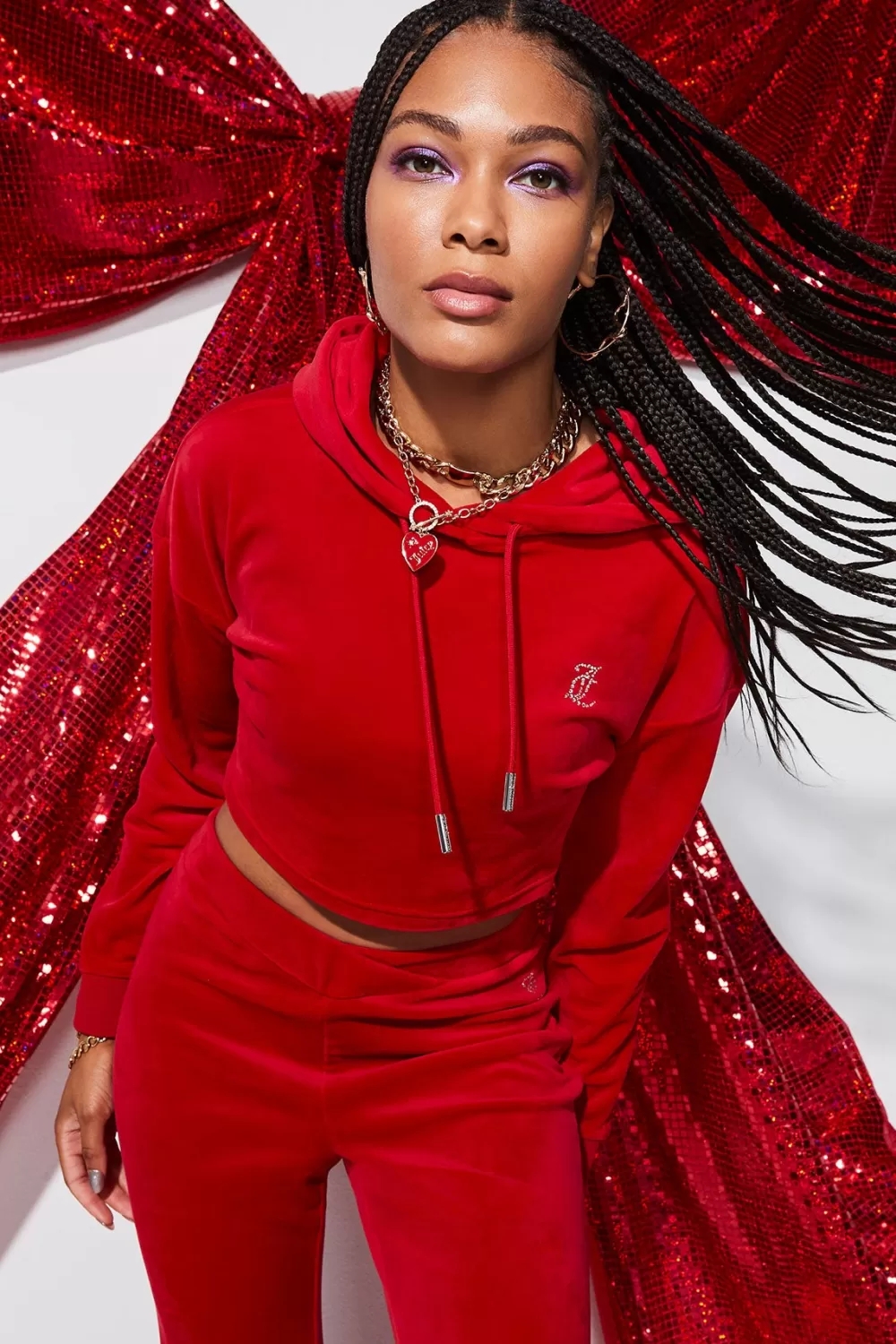 Track Tops | Track Tops-Juicy Couture Big Bling High Low Cropped Hoodie CocoRed