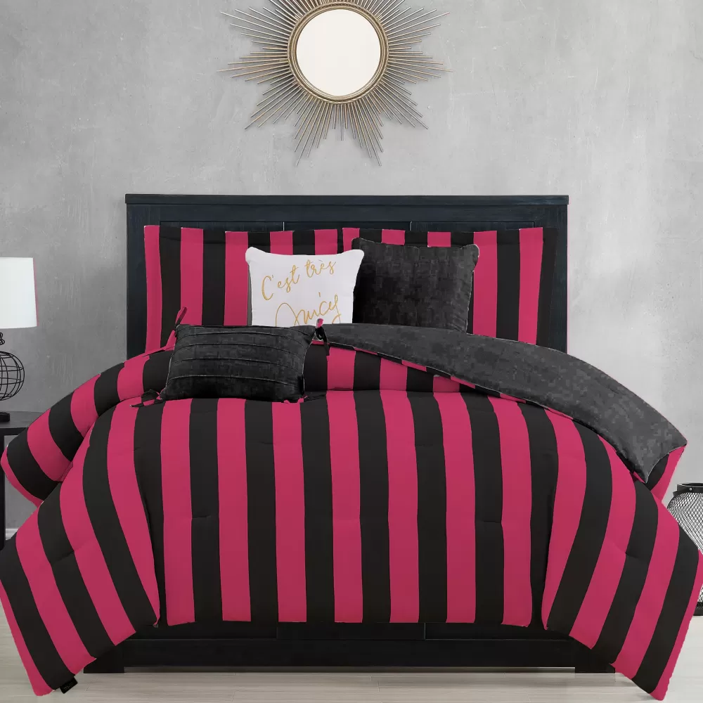 Comforter Sets-Juicy Couture Cabana Striped Reversible Comforter Set Black/HotPink