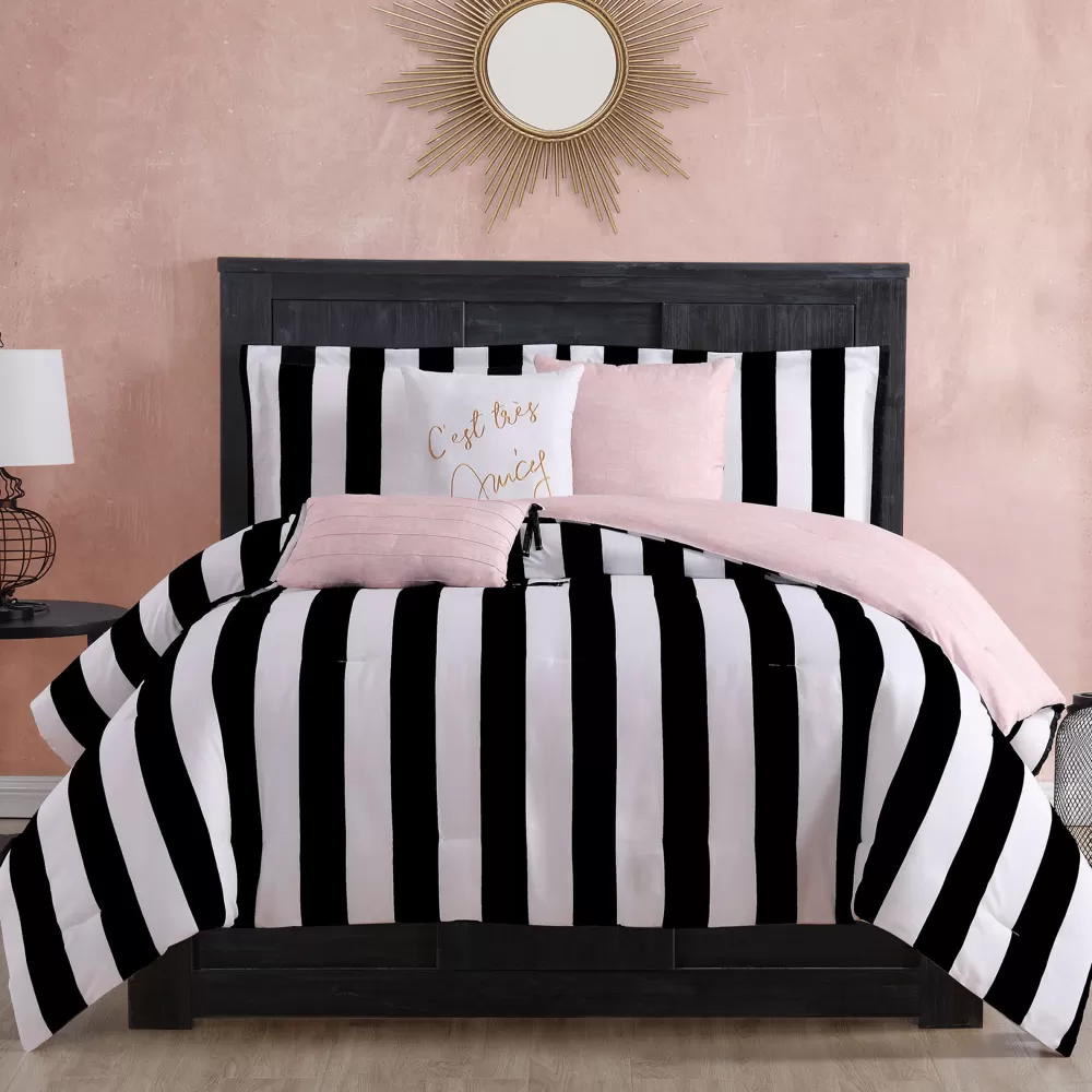 Comforter Sets-Juicy Couture Cabana Striped Reversible Comforter Set Black/White