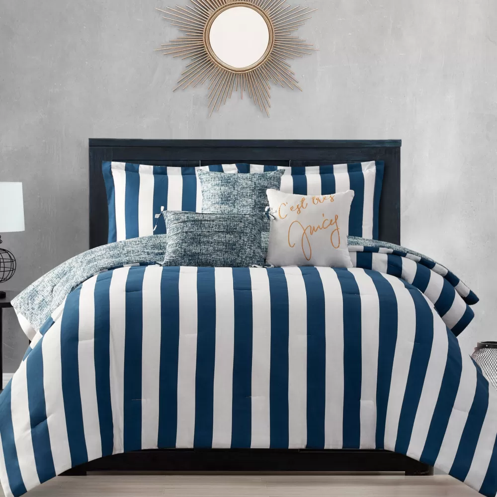 Throw Pillows-Juicy Couture Cabana Striped Reversible Comforter Set White/RegalBlue