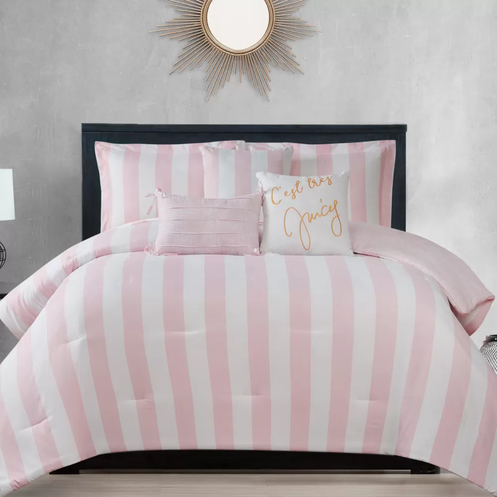 Throw Pillows-Juicy Couture Cabana Striped Reversible Comforter Set White/DogwoodPink