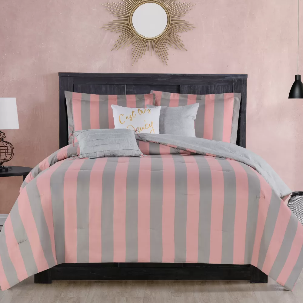 Comforter Sets-Juicy Couture Cabana Striped Reversible Comforter Set Grey/Pink