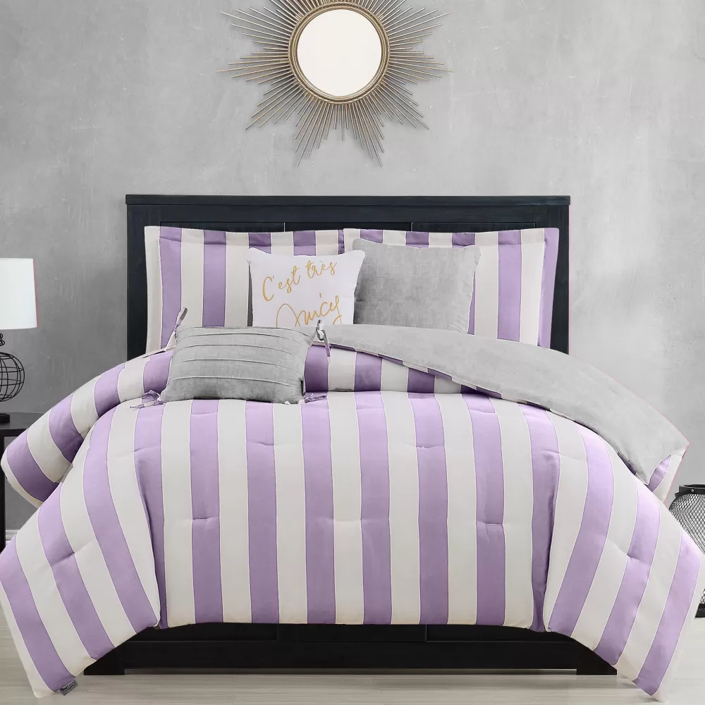 Comforter Sets-Juicy Couture Cabana Striped Reversible Comforter Set Lavender/White