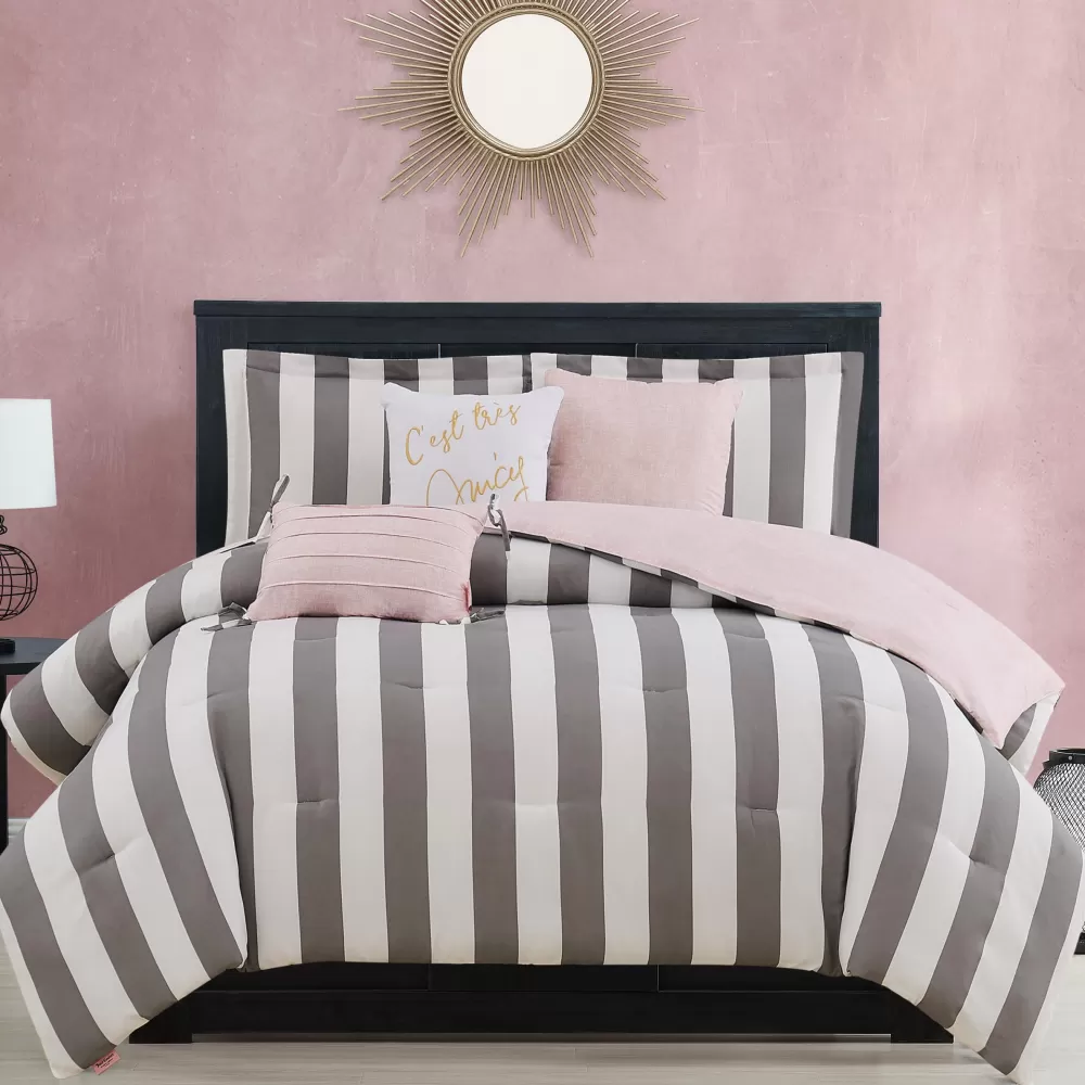 Comforter Sets-Juicy Couture Cabana Striped Reversible Comforter Set Grey/White