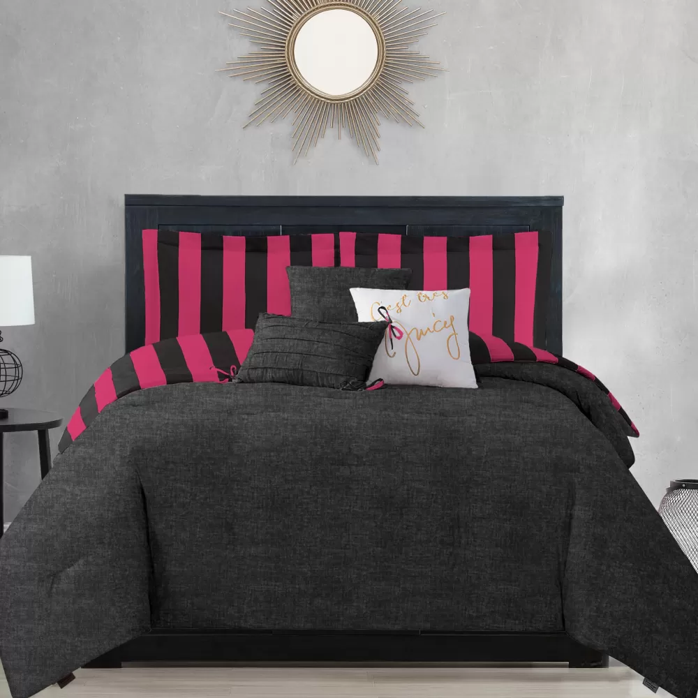 Comforter Sets-Juicy Couture Cabana Striped Reversible Comforter Set Black/HotPink