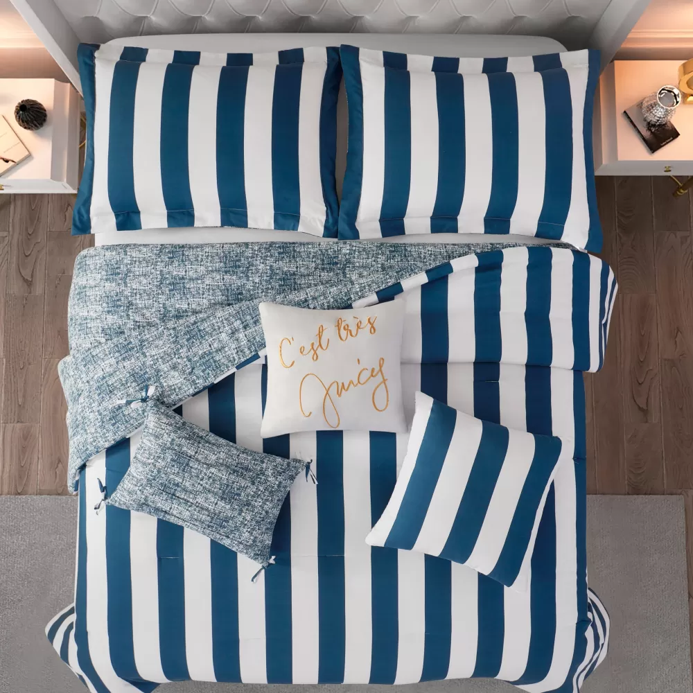 Throw Pillows-Juicy Couture Cabana Striped Reversible Comforter Set White/RegalBlue