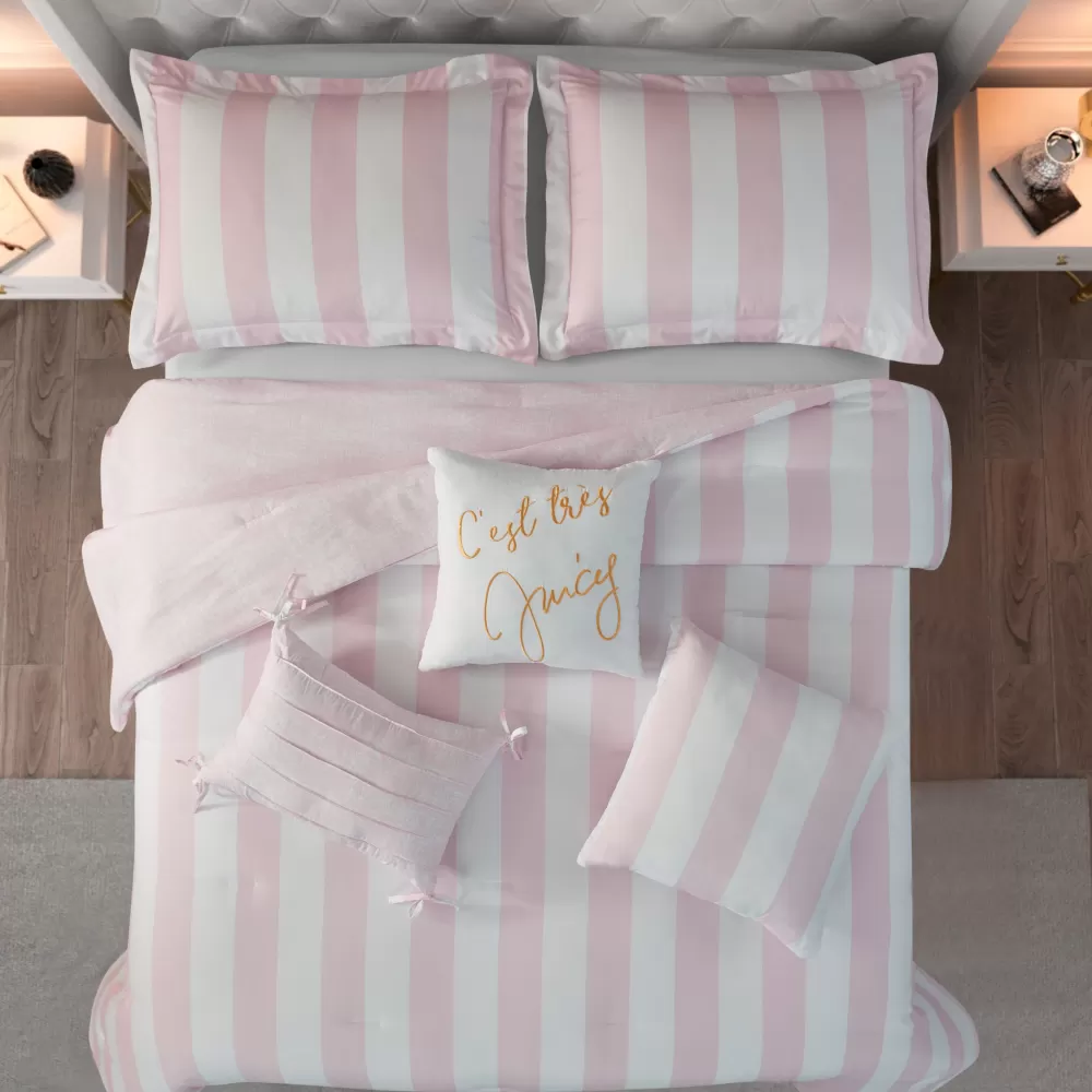 Throw Pillows-Juicy Couture Cabana Striped Reversible Comforter Set White/DogwoodPink