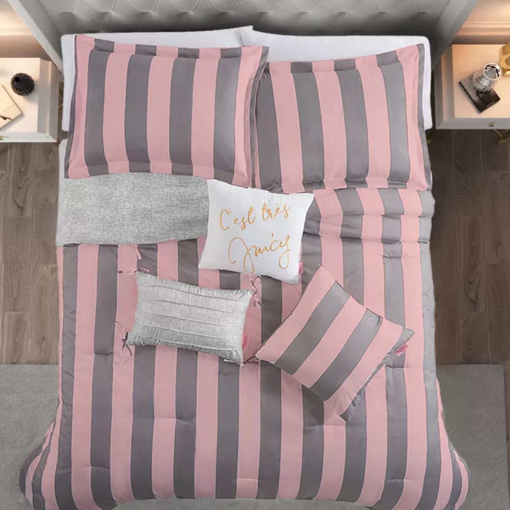 Comforter Sets-Juicy Couture Cabana Striped Reversible Comforter Set Grey/Pink