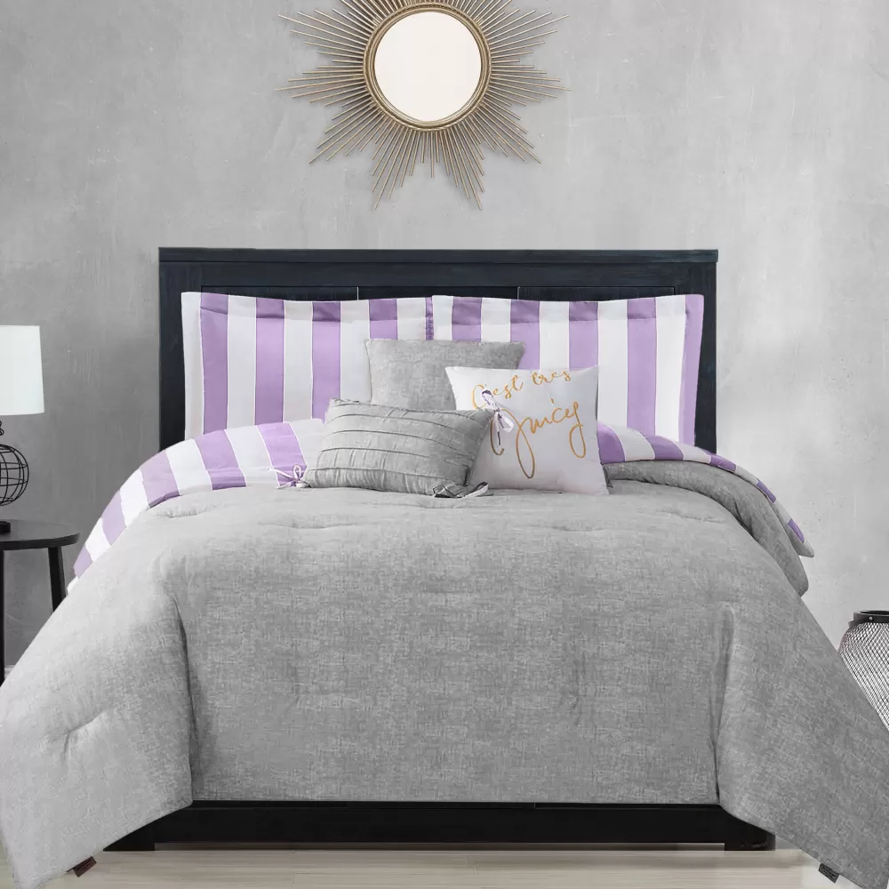 Comforter Sets-Juicy Couture Cabana Striped Reversible Comforter Set Lavender/White