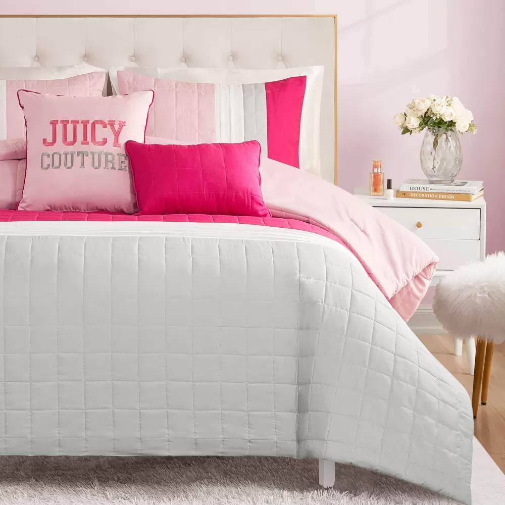 Comforter Sets-Juicy Couture Color Blocked Pieced Comforter Set Pink/White/Grey