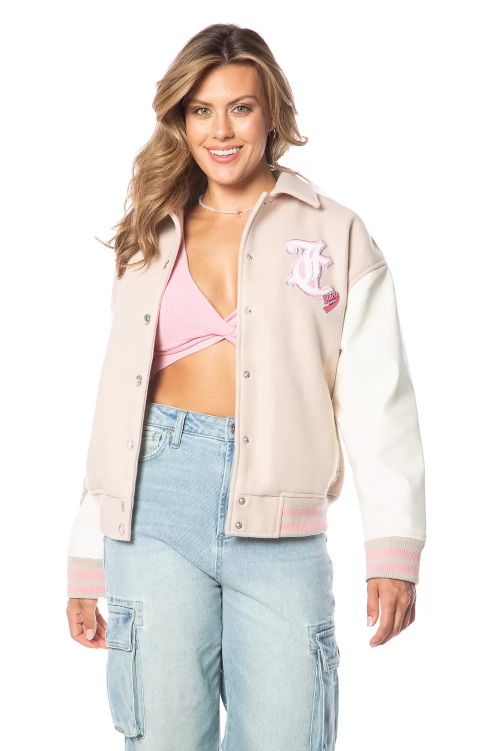 Hoodies & Jackets-Juicy Couture Convertible Collar Varsity Jacket BeigeWhite