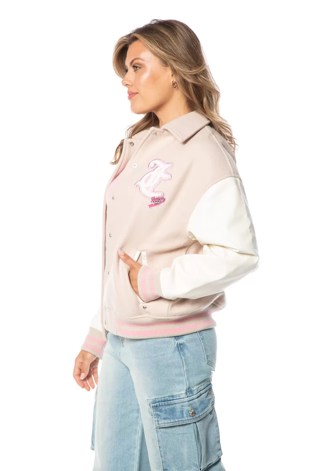 Hoodies & Jackets-Juicy Couture Convertible Collar Varsity Jacket BeigeWhite