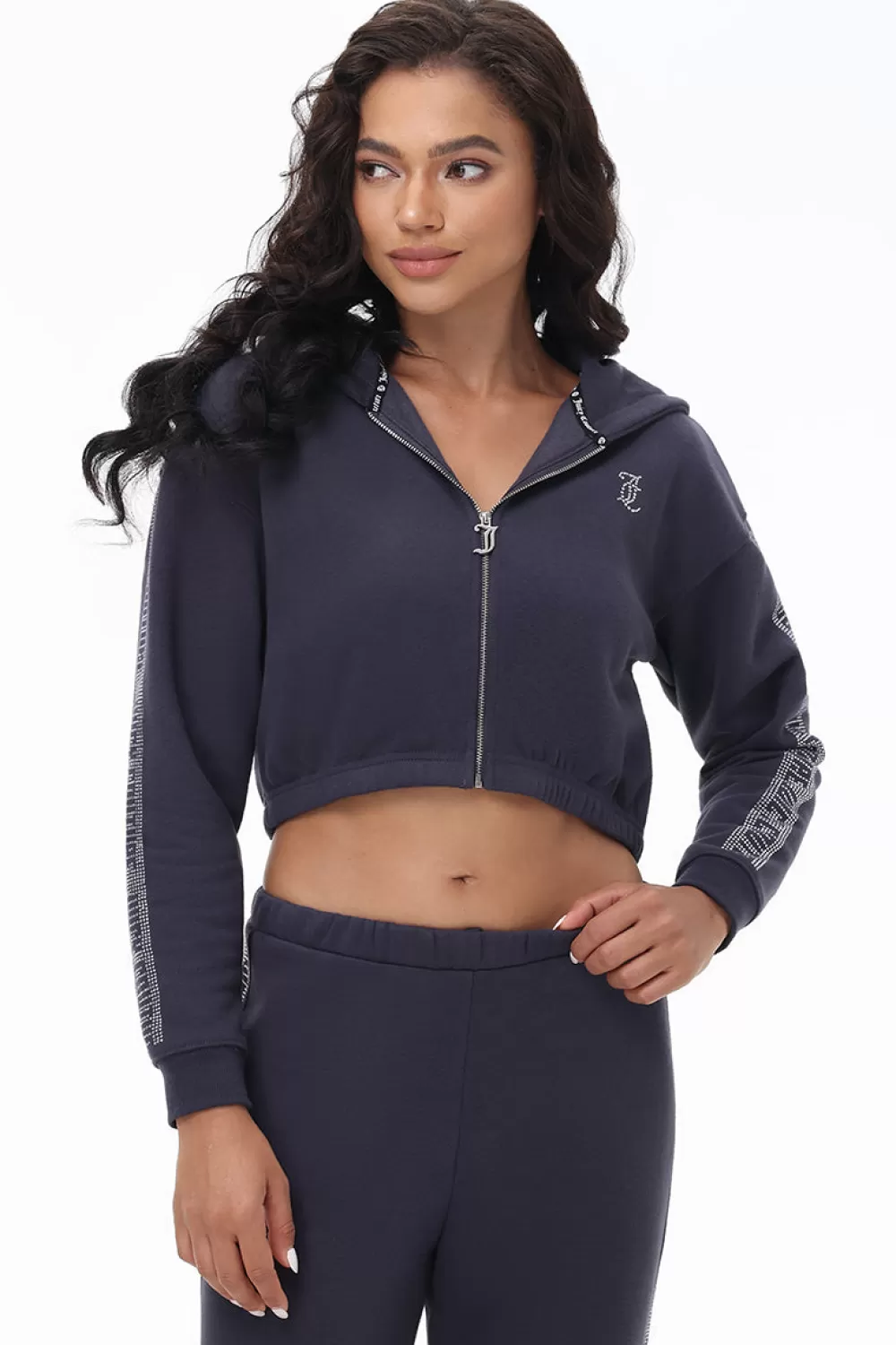 Hoodies & Jackets-Juicy Couture Cropped Fleece Hoodie With Side Bling Titanium