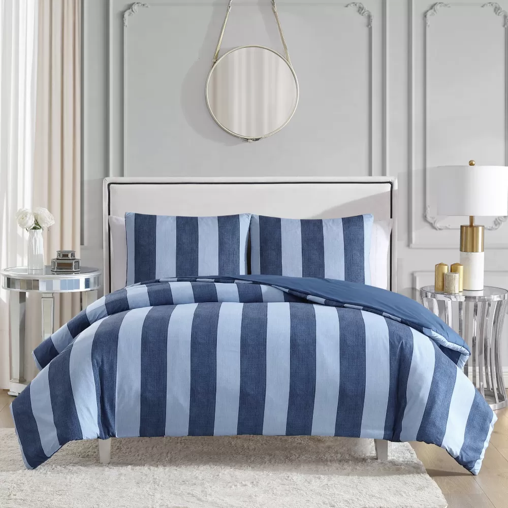 Comforter Sets-Juicy Couture Denim Stripe Reversible Duvet Cover Set DenimStripe