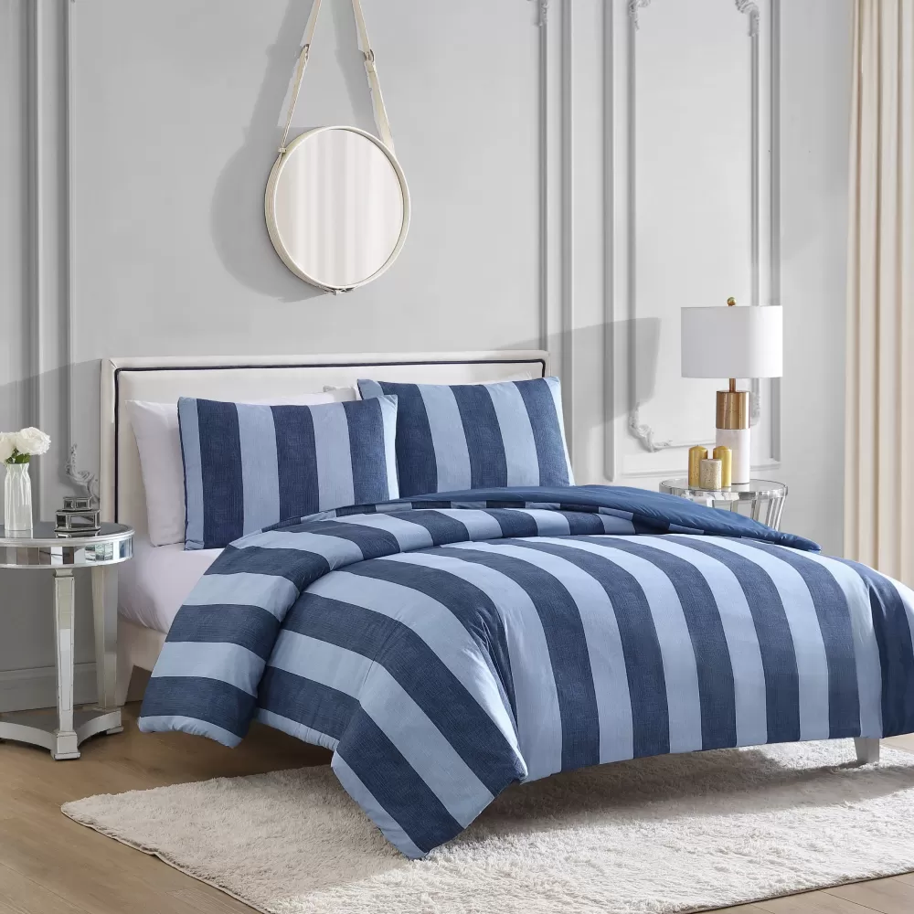 Comforter Sets-Juicy Couture Denim Stripe Reversible Duvet Cover Set DenimStripe