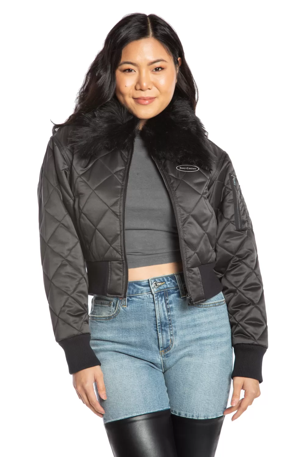 Hoodies & Jackets-Juicy Couture Faux Fur Collar Aviator Black