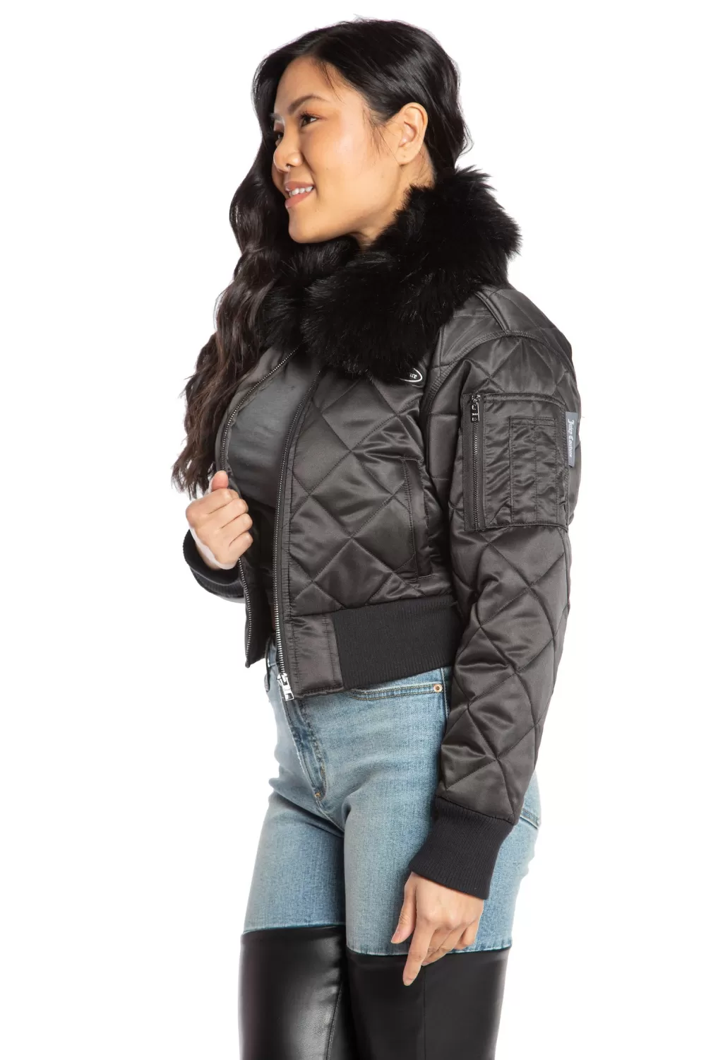 Hoodies & Jackets-Juicy Couture Faux Fur Collar Aviator Black