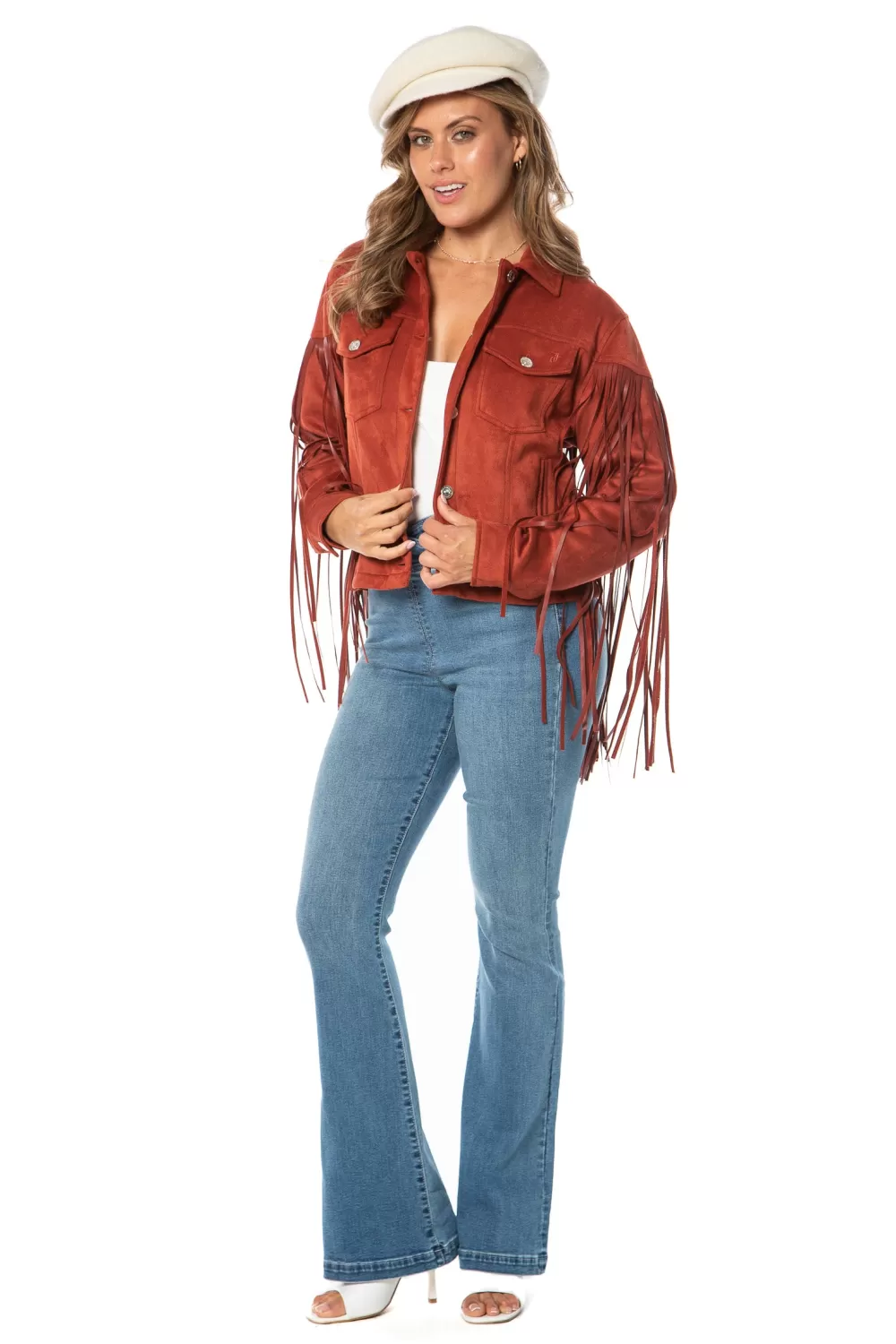 Hoodies & Jackets-Juicy Couture Faux Leather Fringe Trucker Jacket Rust