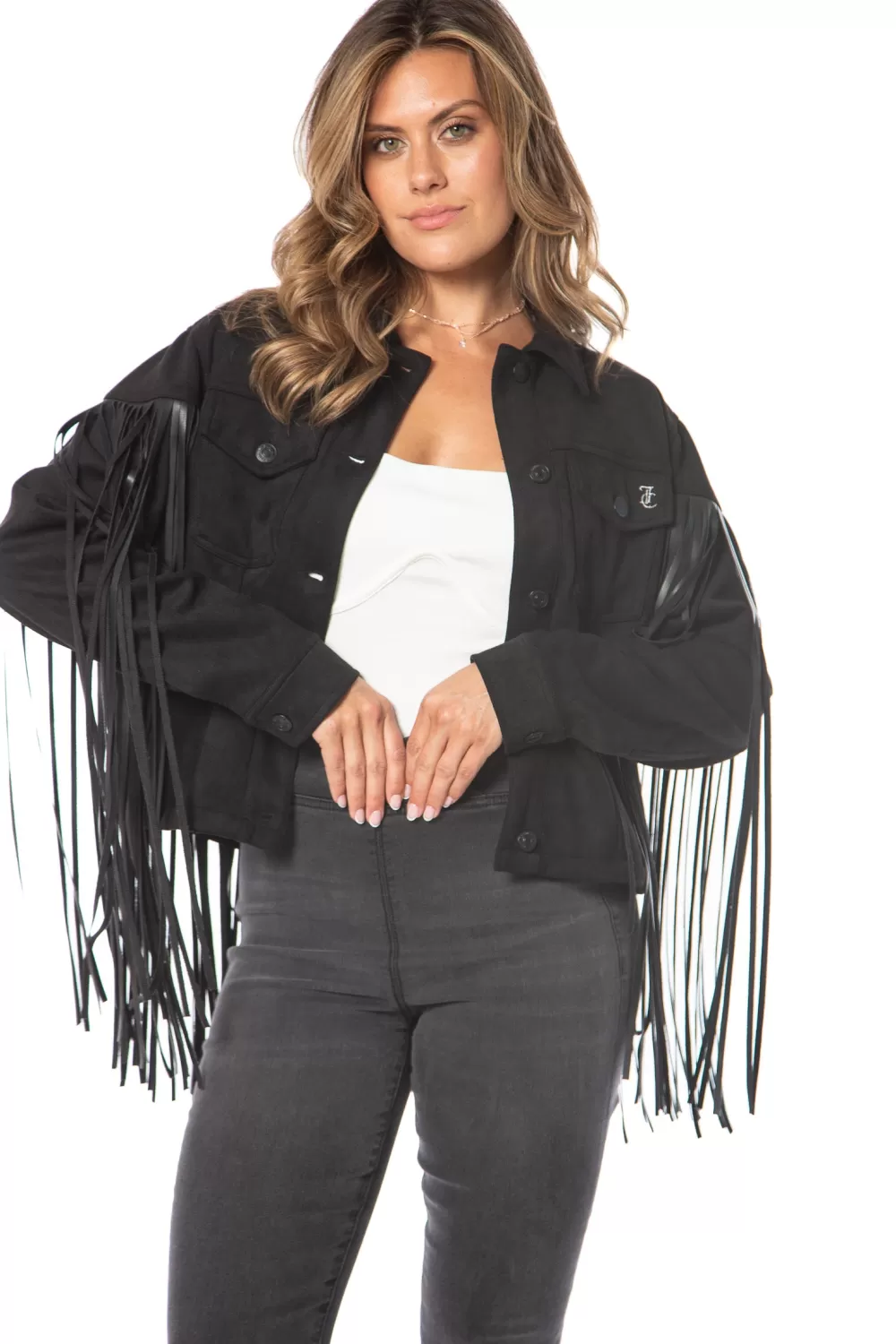 Hoodies & Jackets-Juicy Couture Faux Leather Fringe Trucker Jacket Black