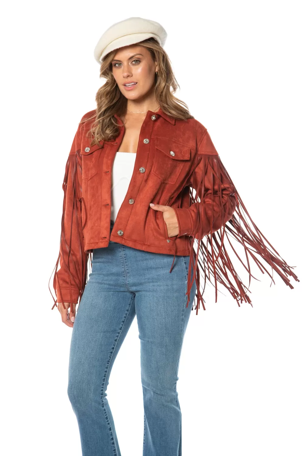 Hoodies & Jackets-Juicy Couture Faux Leather Fringe Trucker Jacket Rust