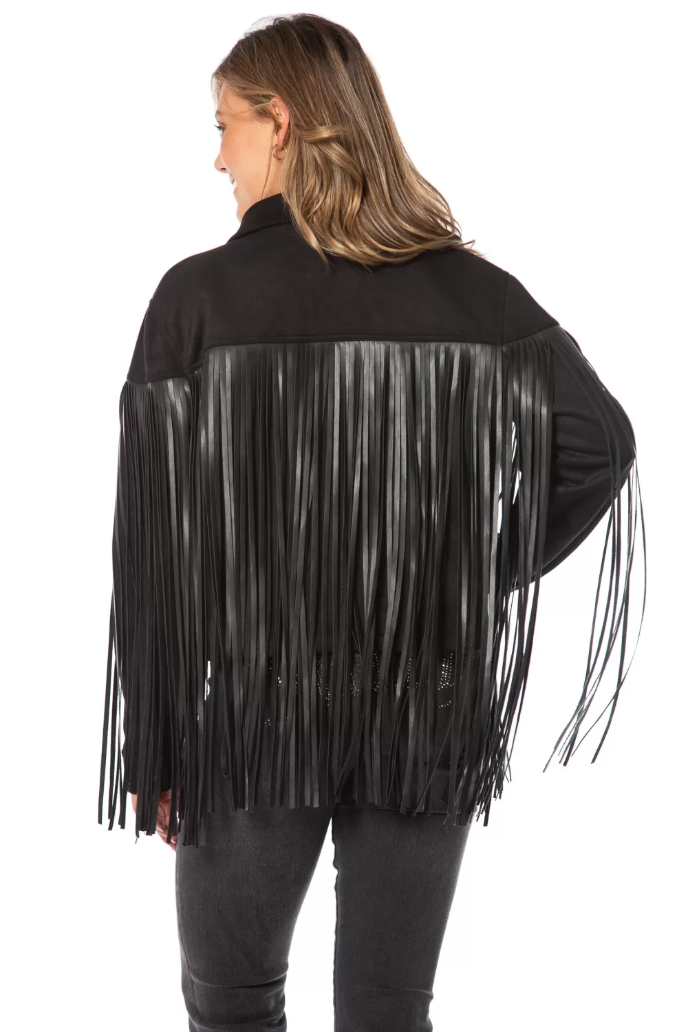 Hoodies & Jackets-Juicy Couture Faux Leather Fringe Trucker Jacket Black