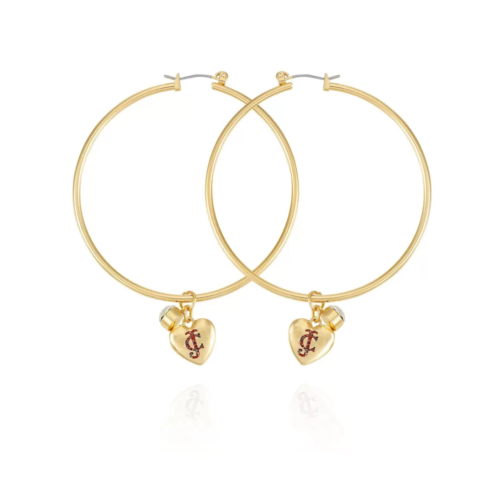 Earrings-Juicy Couture Heart Drop Hoop Earrings Gold