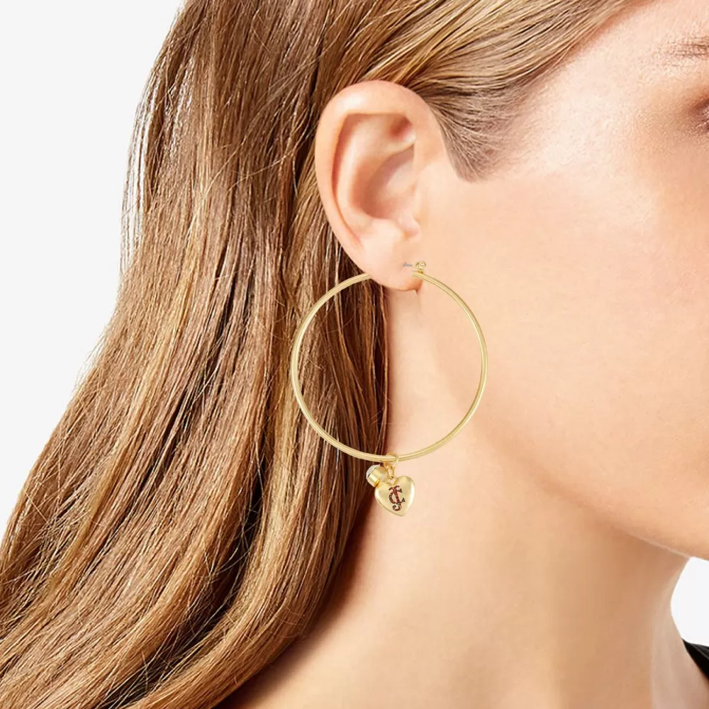 Earrings-Juicy Couture Heart Drop Hoop Earrings Gold