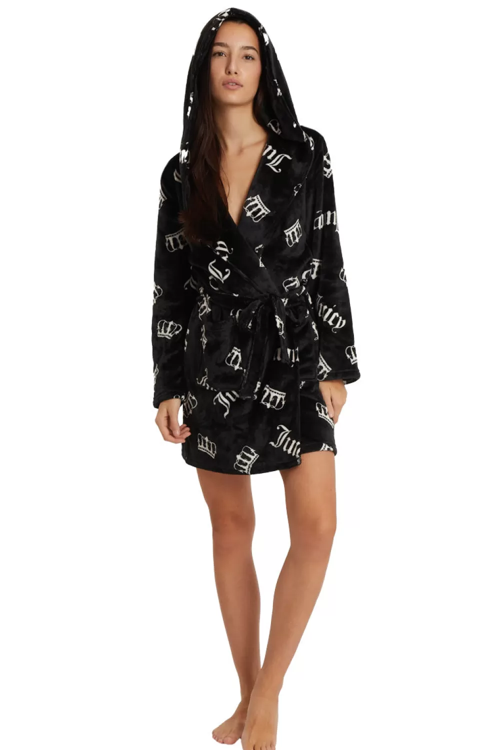 Robes & Sleepwear-Juicy Couture Hooded Luxe Plush Robe BlackJCCrowns