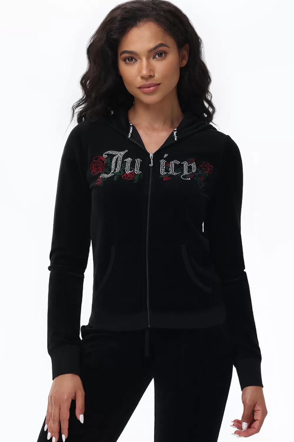 Track Tops | Track Tops-Juicy Couture Juicy Roses Bling Cotton Velour Hoodie Liquorice