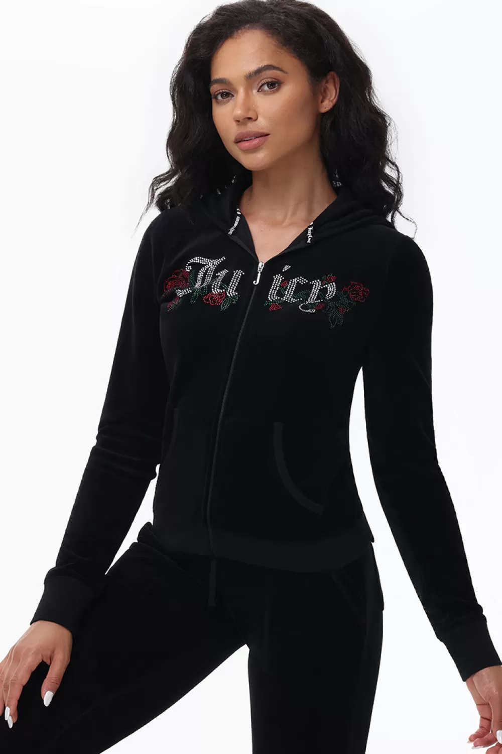 Track Tops | Track Tops-Juicy Couture Juicy Roses Bling Cotton Velour Hoodie Liquorice