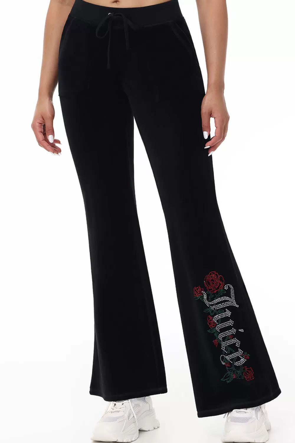 Track Bottoms | Bling Sets-Juicy Couture Juicy Roses Bling Snap Pocket Cotton Velour Pants Liquorice