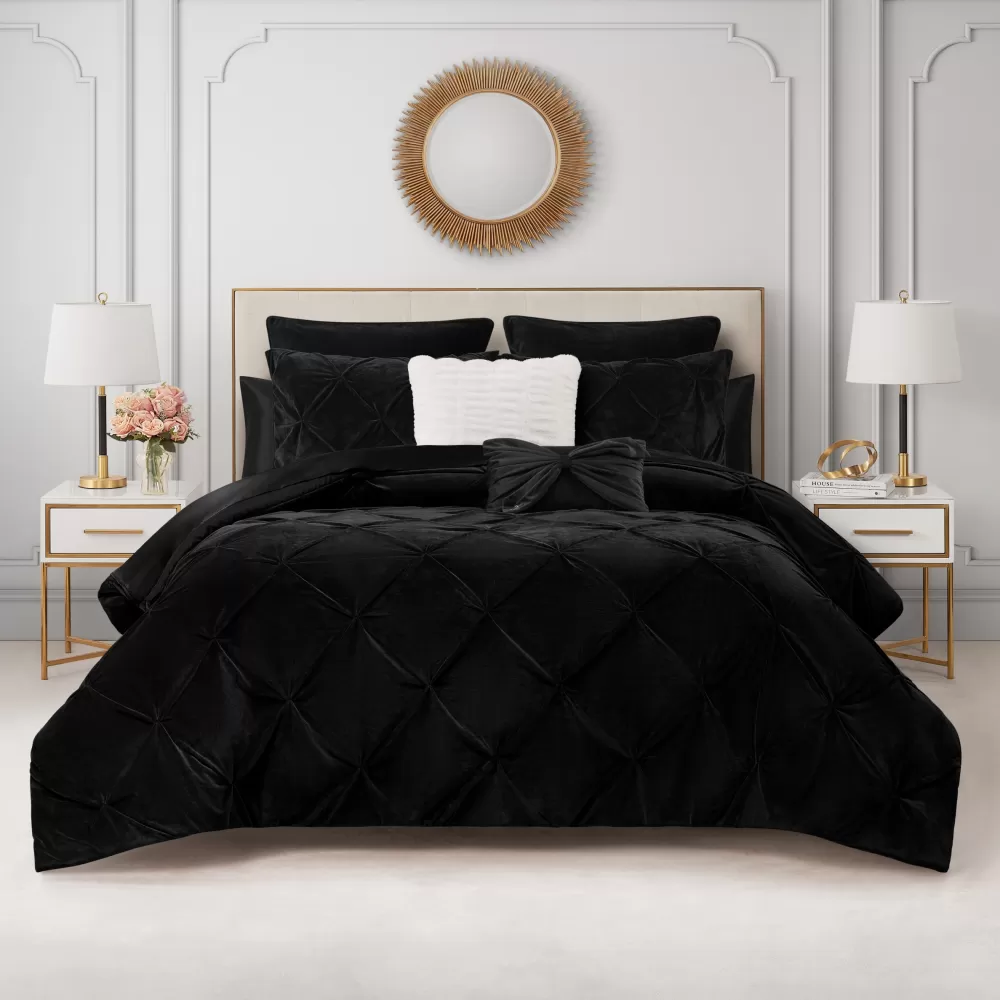 Comforter Sets-Juicy Couture Kiss Pleat Micromink Comforter Set With Decorative Pillows Black