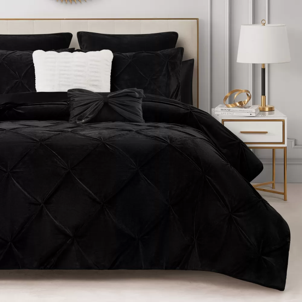 Comforter Sets-Juicy Couture Kiss Pleat Micromink Comforter Set With Decorative Pillows Black