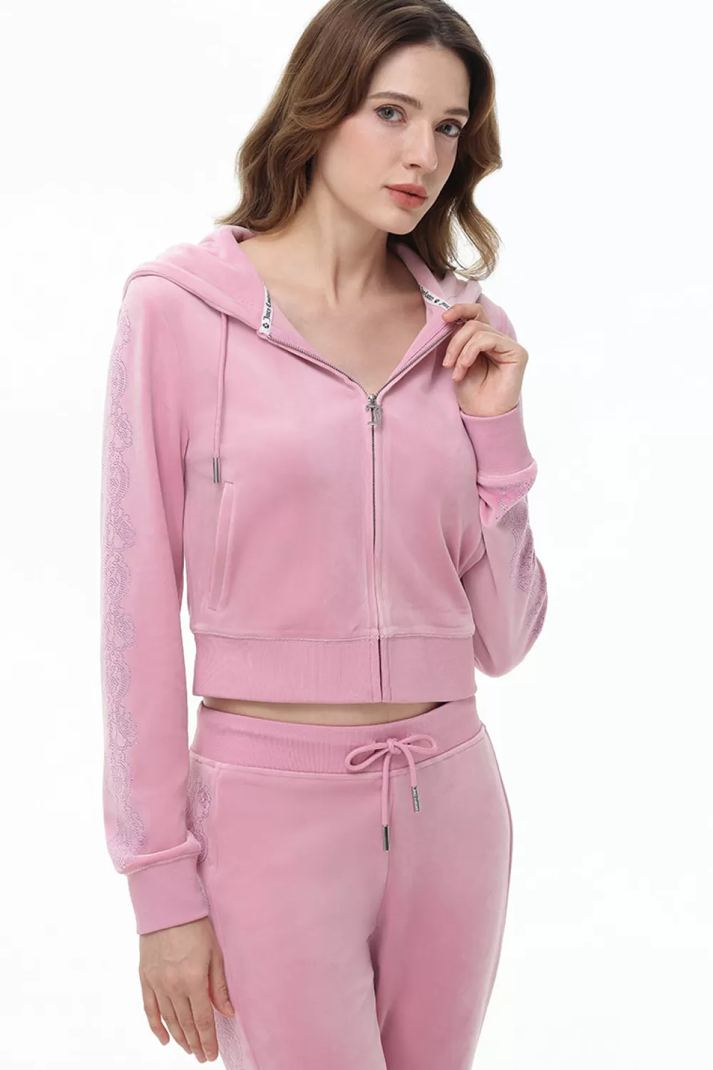 Track Tops | Track Tops-Juicy Couture Lace Rhinestone Classic Hoodie Rose