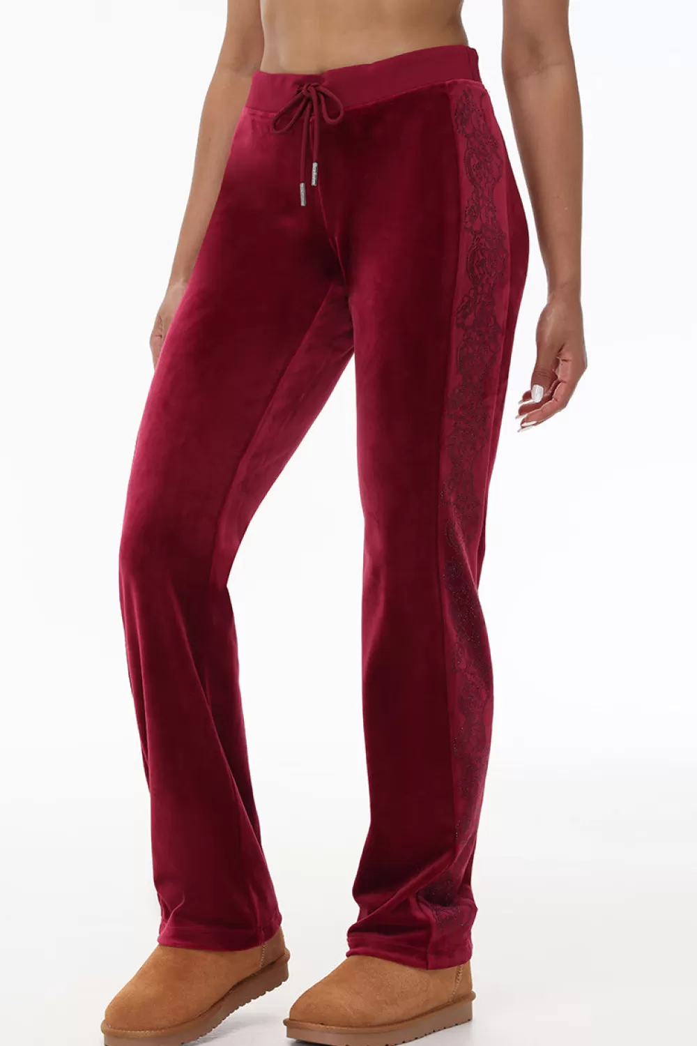 Track Bottoms | Bling Sets-Juicy Couture Lace Rhinestone Classic Track Pants DarkCrimson