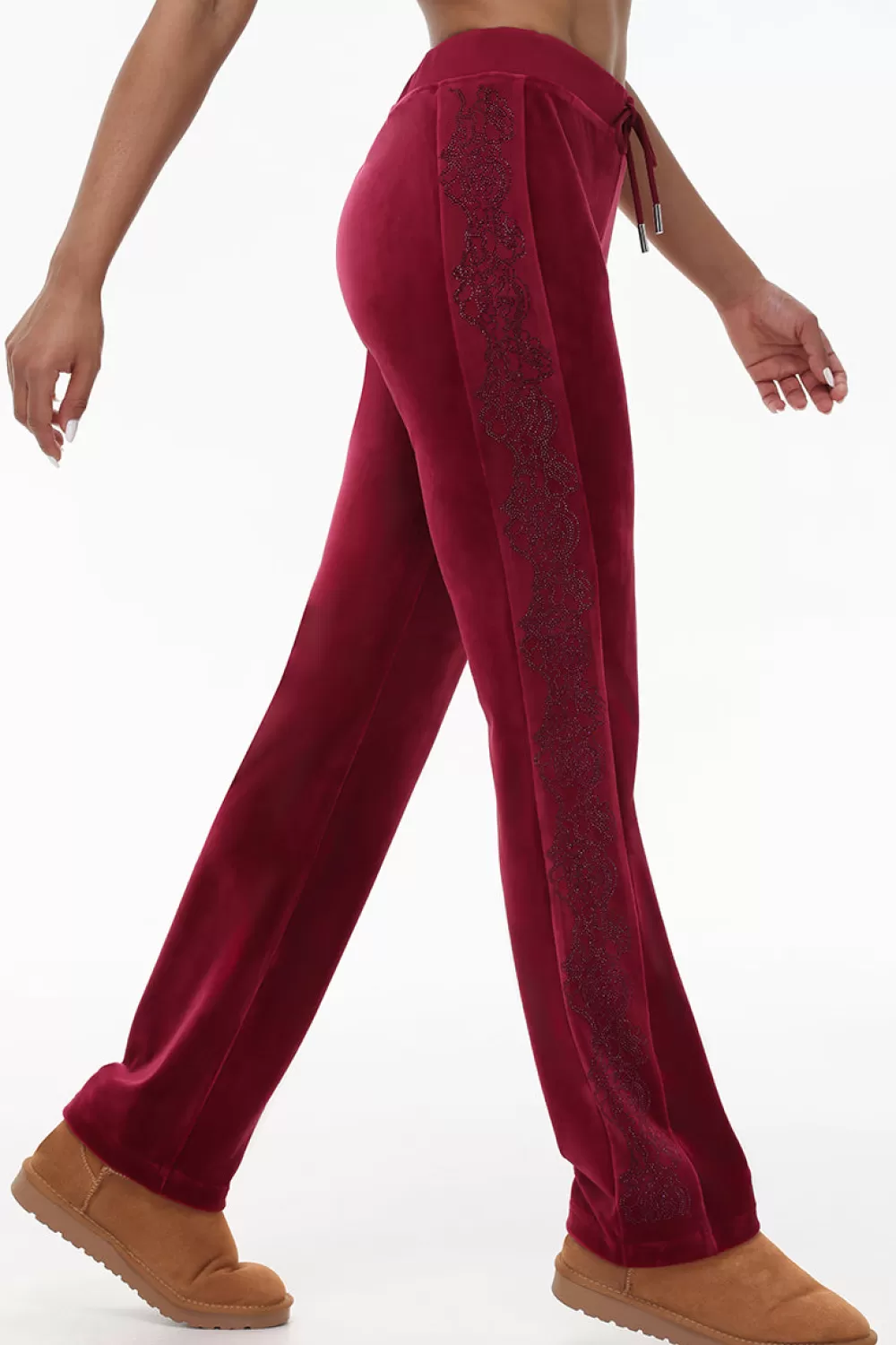 Track Bottoms | Bling Sets-Juicy Couture Lace Rhinestone Classic Track Pants DarkCrimson