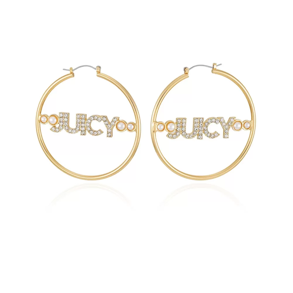 Earrings-Juicy Couture Logo Charm Hoops Gold