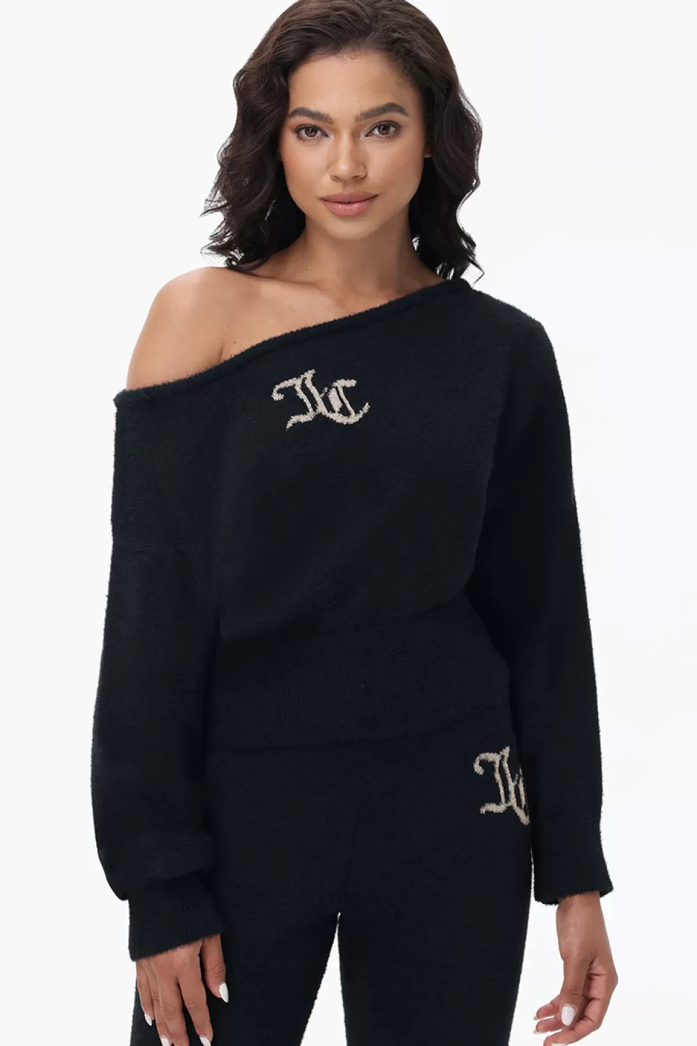 Tees & Tops-Juicy Couture Off The Shoulder Eyelash Pullover Liquorice