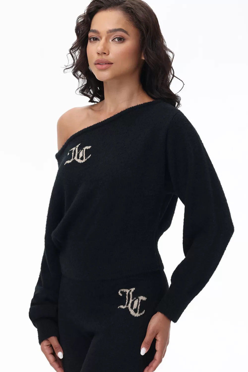 Tees & Tops-Juicy Couture Off The Shoulder Eyelash Pullover Liquorice