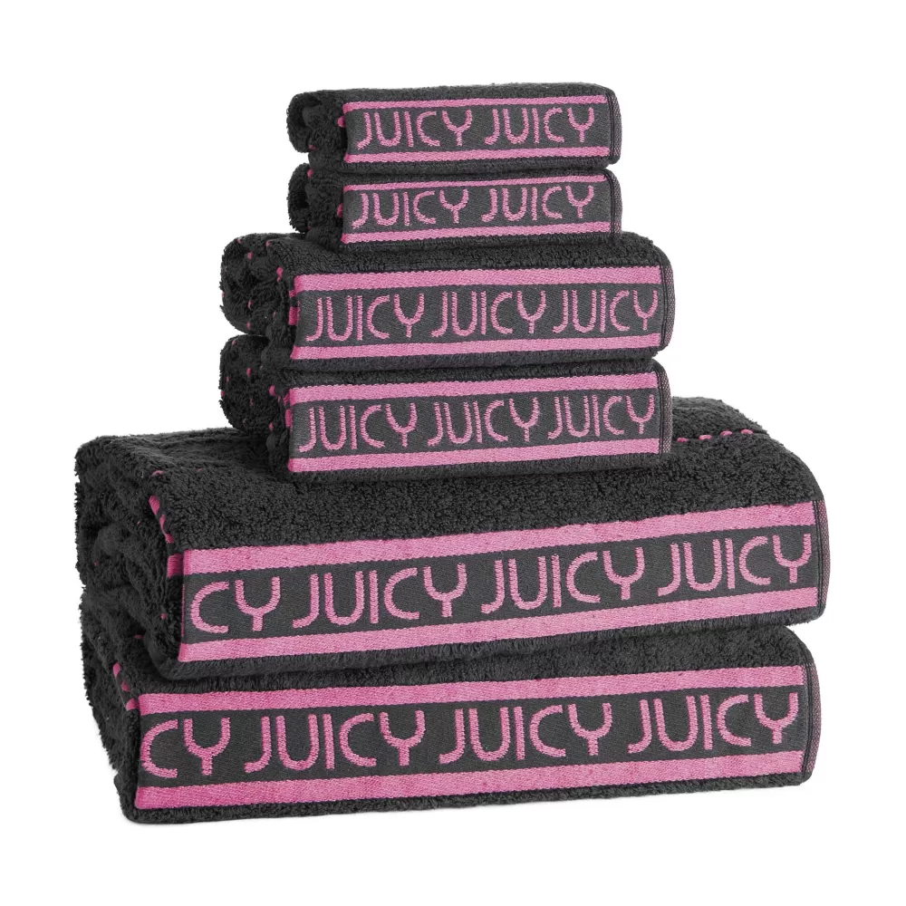 Bath & Beach Towels-Juicy Couture Plush Stripe Bath Towel Set Black