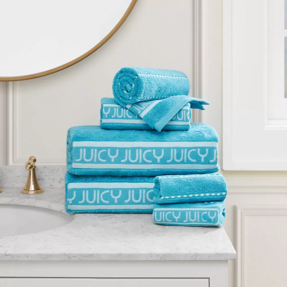 Bath & Beach Towels-Juicy Couture Plush Stripe Bath Towel Set PoolBlue