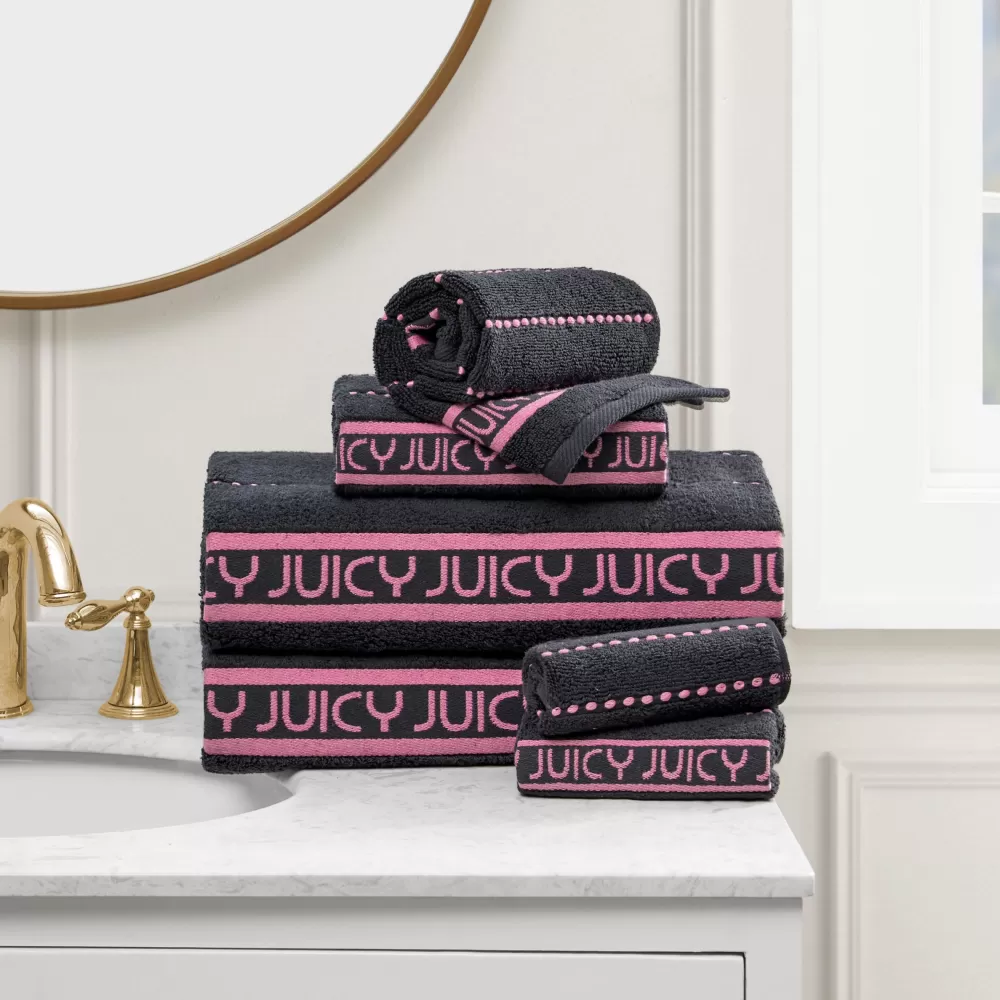 Bath & Beach Towels-Juicy Couture Plush Stripe Bath Towel Set Black