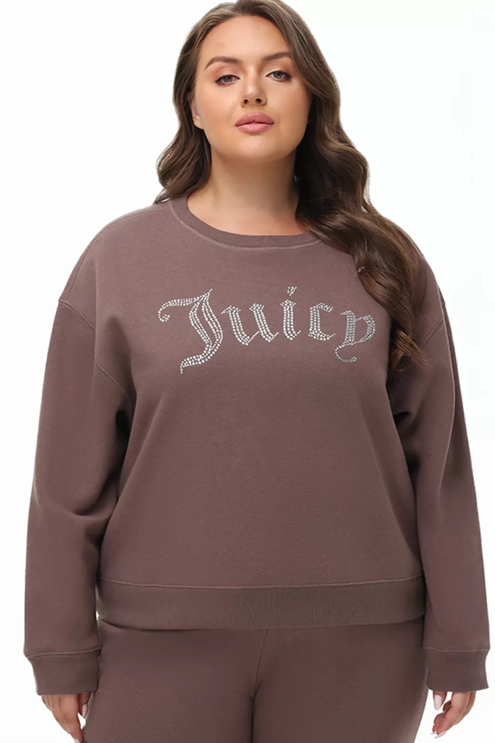 Tees & Tops-Juicy Couture Plus-Size Big Bling Fleece Crewneck Pullover Pewter