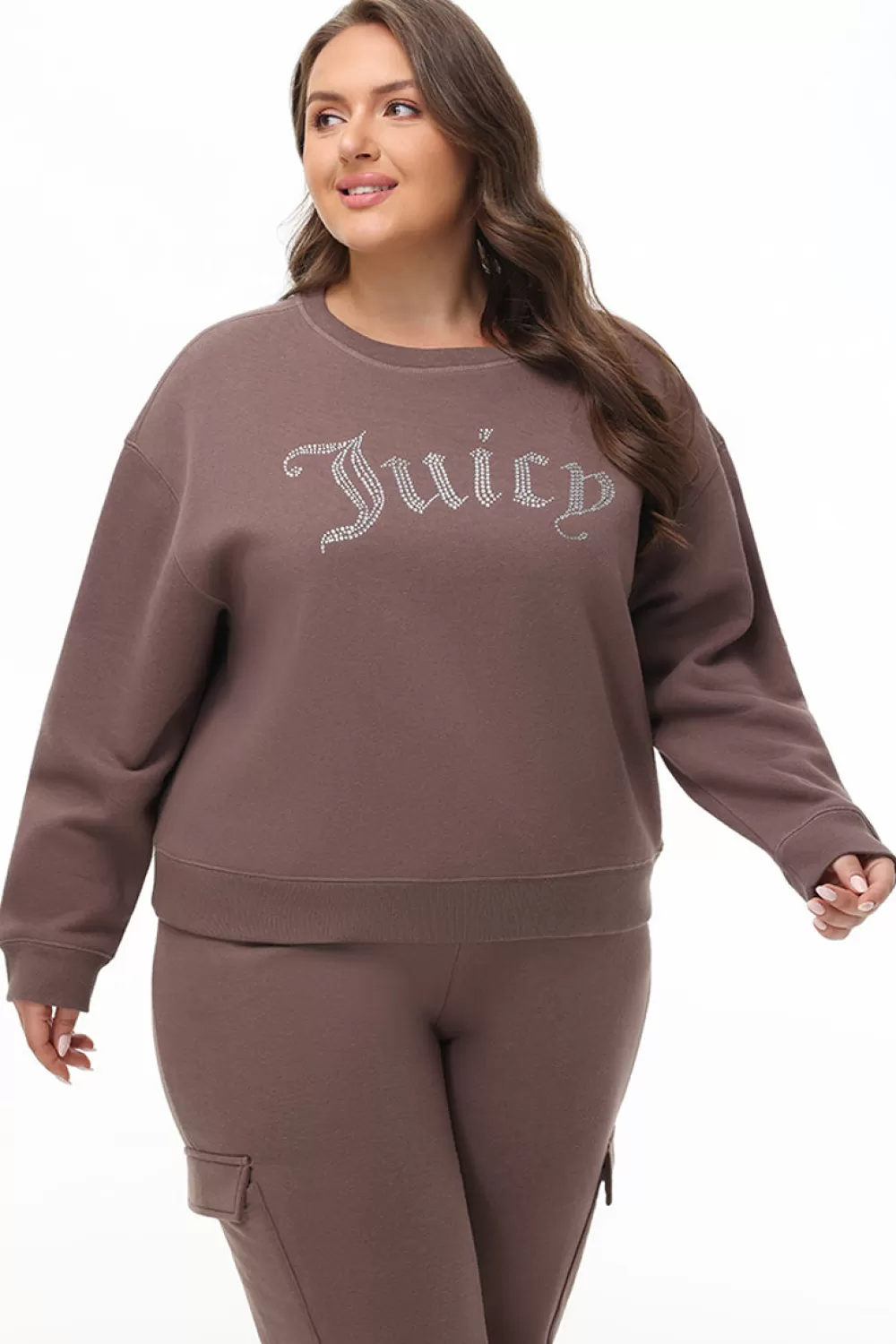 Tees & Tops-Juicy Couture Plus-Size Big Bling Fleece Crewneck Pullover Pewter