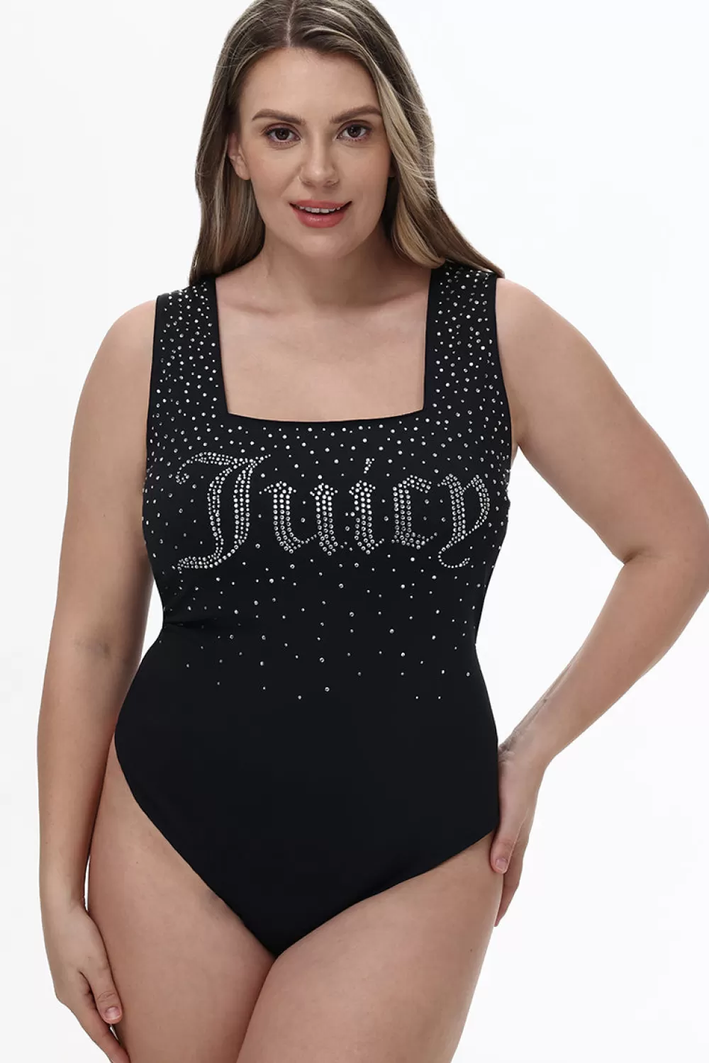 Plus-Size-Juicy Couture Plus-Size Big Bling Scoop Neck Tank Bodysuit Liquorice