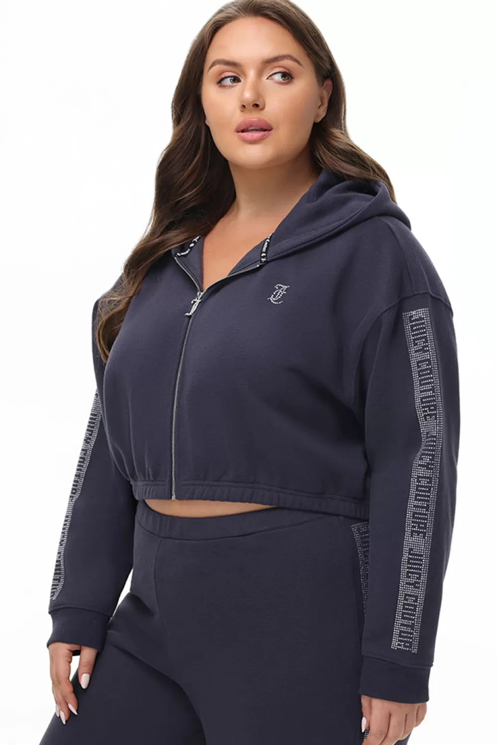 Hoodies & Jackets-Juicy Couture Plus-Size Cropped Fleece Hoodie With Side Bling Titanium