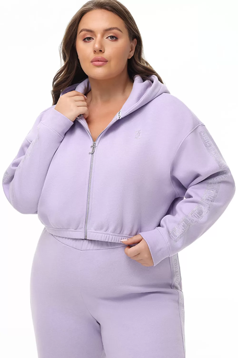 Hoodies & Jackets-Juicy Couture Plus-Size Cropped Fleece Hoodie With Side Bling OrchidPetal