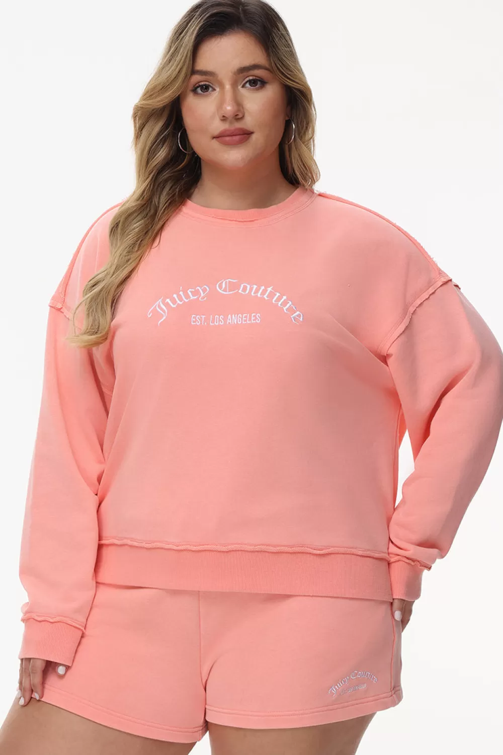 Plus-Size-Juicy Couture Plus-Size French Terry Embroidered Crewneck Guava