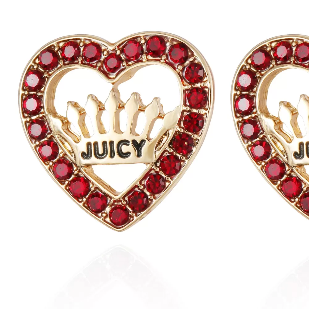 Earrings-Juicy Couture Red Heart Button Earrings Gold