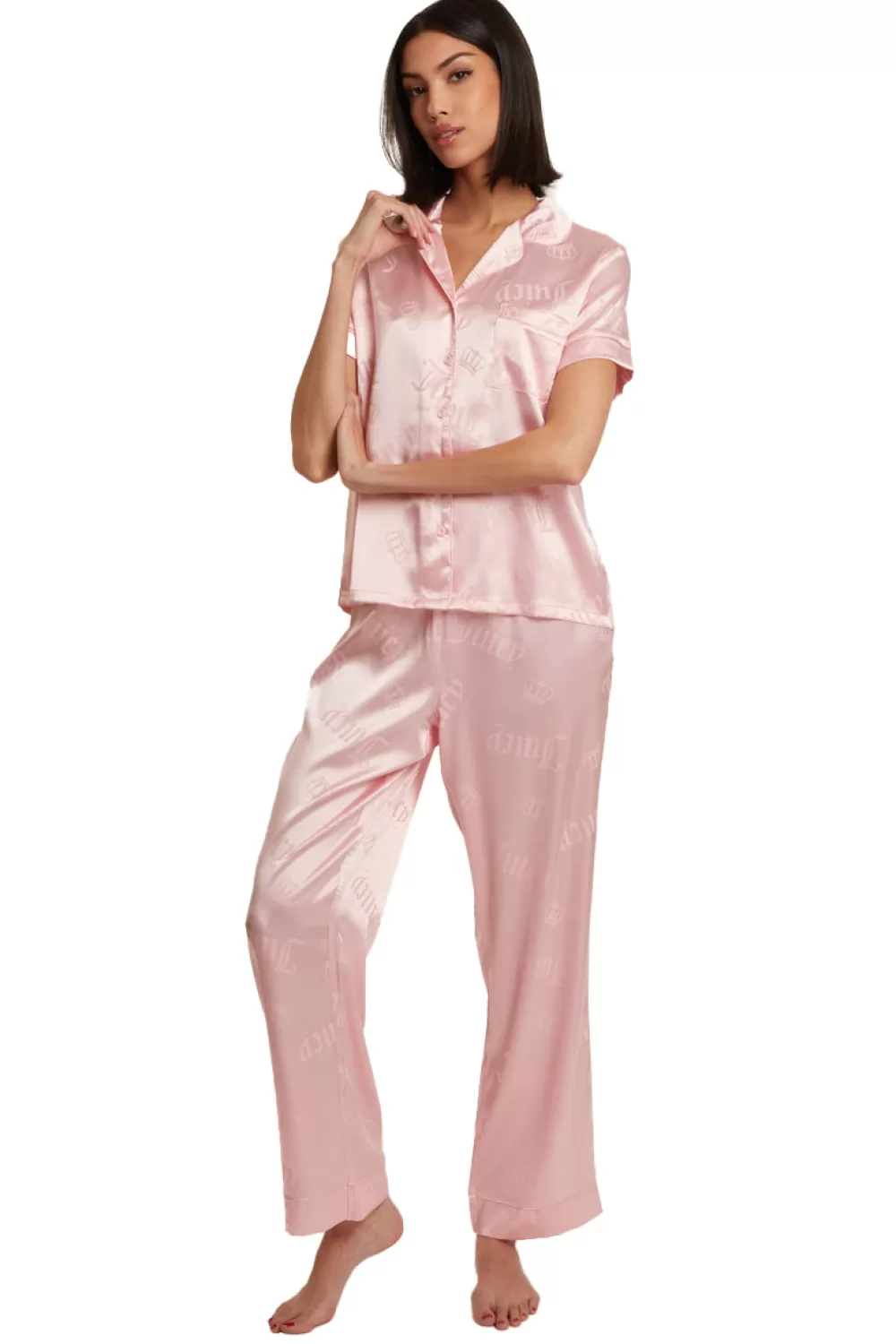 Robes & Sleepwear-Juicy Couture Satin Short Sleeve Notch Collar PJ Set LightPinkCrownToss